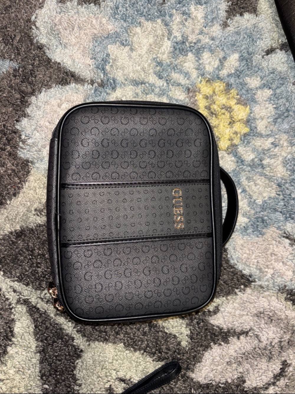 GUESS Black Embossed Logo Toiletry Bag with Top Handle